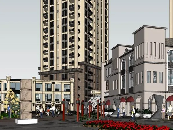 Sketchup Business Model | Multi story Commercial Pedestrian Street, Modern Style