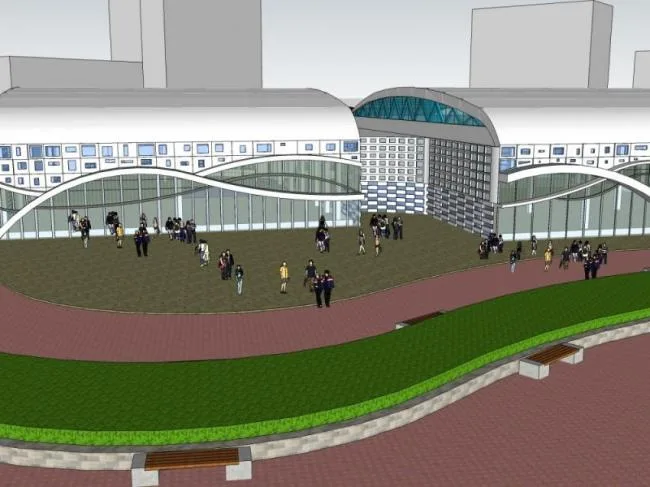 SketchUp Design: Modern Multi-Story Bus Station and Station Road Bridge