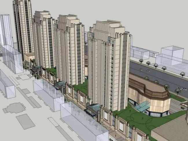 Sketchup Complex Model | High rise office building, ground floor commercial, multi story complex, classical style