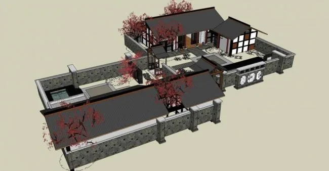 Sketchup Residential Model | Courtyard, Single Story, Landscape Wall, Residential Building, Chinese Style