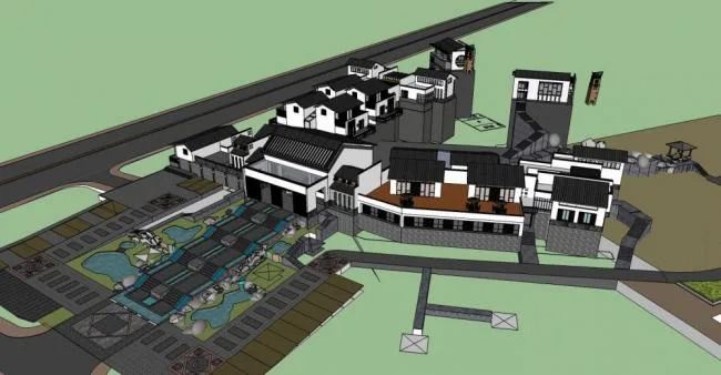SketchUp Business Model: Multi-Story Clubhouse and Commercial Building with Chinese Architectural Style