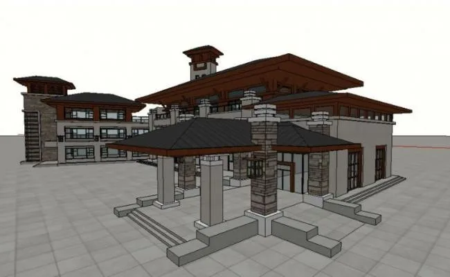 SketchUp Business Model: Multi-Story Classical Style Clubhouse Design