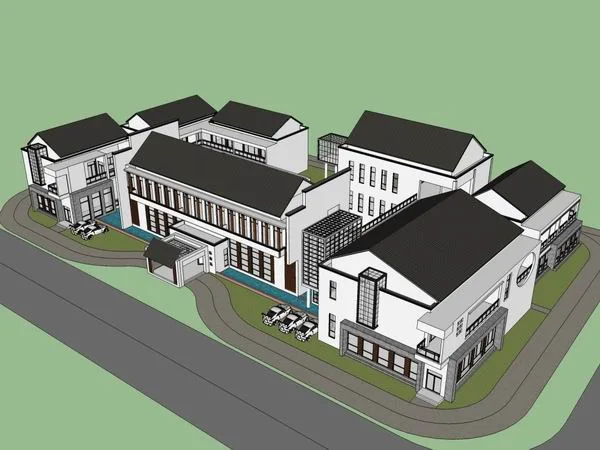 Sketchup Hotel Model | Multi-story Huizhou Style Hotel, Modern Chinese Style