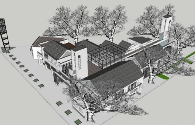 SketchUp Business Model: Multi-Story Clubhouse in New Chinese Style Commercial Architecture
