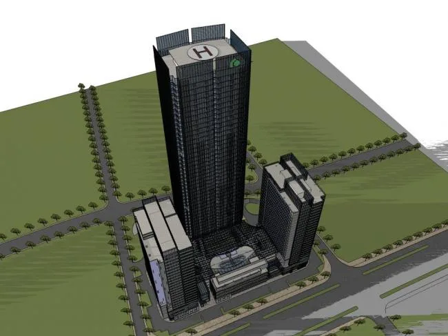 Modern Super High-Rise Office Building with Commercial Podium in SketchUp Model