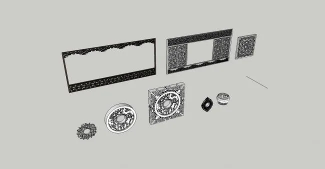 SketchUp Material Models: Architectural Components, Window Designs, and Chinese Style Elements