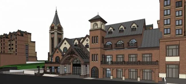 Sketchup Residential Model | Multi story residential community, residential building, shopping mall, commercial podium, English style, sloping roof, small high-rise, classical style