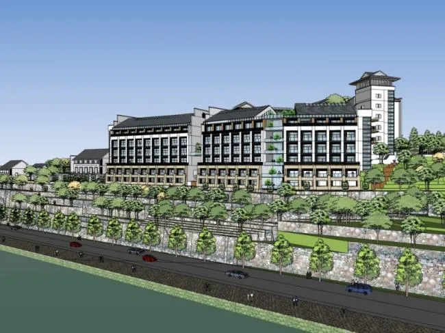 Sketchup Hotel Model | Multi story Mountain Hotel, Chinese Style