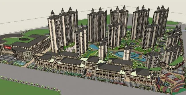 Sketchup Residential Model | High rise residential building, commercial street, classical style, 29 floors, European style community