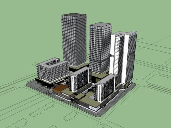 Sketchup Complex Model | Multi story High rise Complex, Office Building, Residential, Ground Floor Commercial, Modern Style