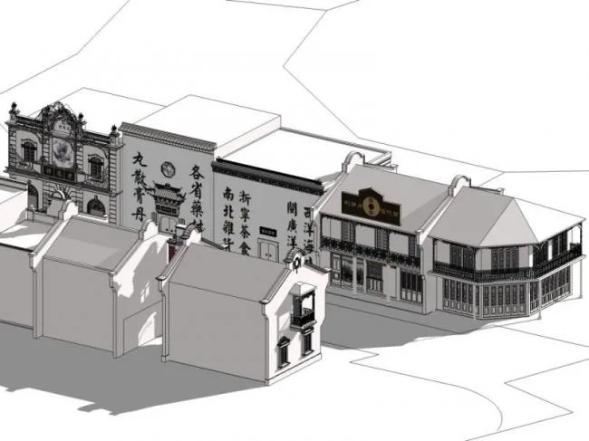 SketchUp Business Model: Low-Rise Commercial Street with Chinese Architectural Style