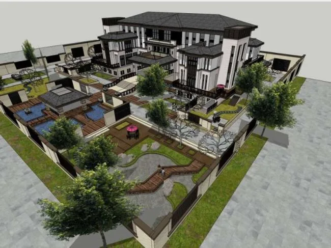 Sketchup Villa Model | Hotel Villa Courtyard, Modern Chinese Style