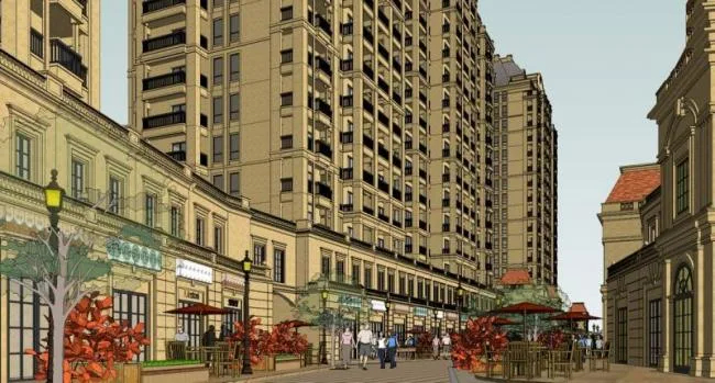 Sketchup Residential Model | Simplified European style commercial street, French high-rise residential buildings, ground floor commercial buildings, classical style, residential buildings