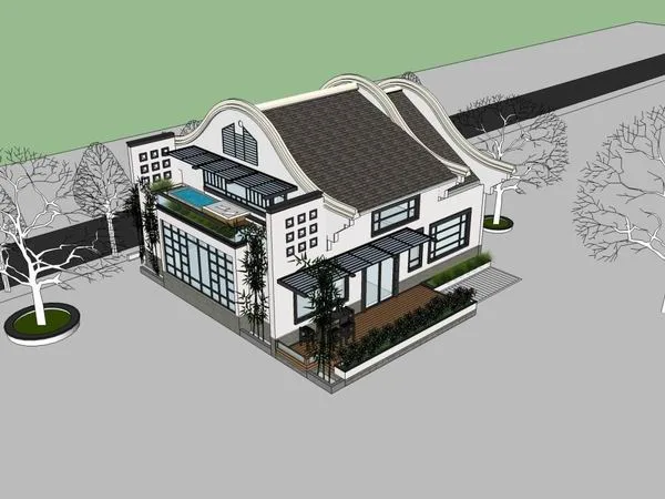 Sketchup Villa Model | Solo Villa, Modern Chinese Style