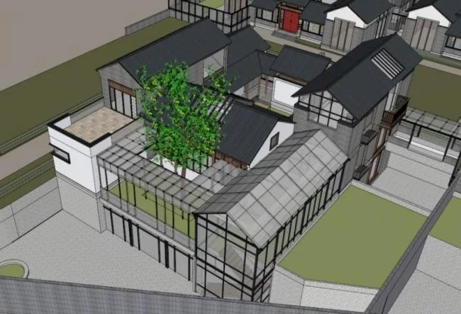 Sketchup Residential Model | Multi story Huizhou style Courtyard, Modern Chinese Style