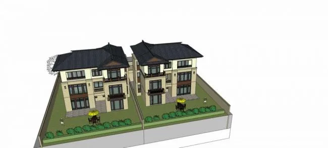 Sketchup Villa Model | Double Split Villa, New Chinese Style, Multi story, Residential Building