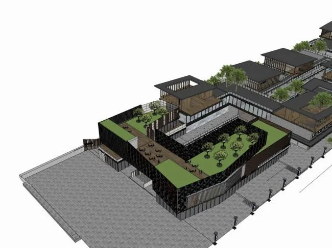 SketchUp Business Model: Multi-Story Commercial Street in Modern Chinese Style