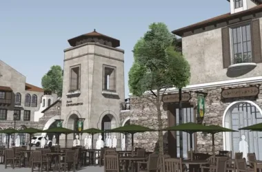 SketchUp Business Model: Multi-Story Commercial and Pedestrian Street in Classic Spanish Style-BIM WORLD