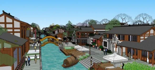 Sketchup Business Model | Street Bar Street, Multi story Commercial Street, Chinese Style