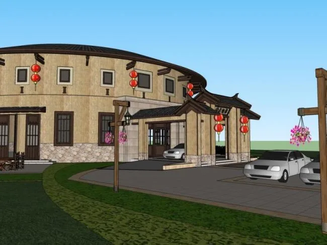 SketchUp Hotel Model: Low-Rise Oriental Neoclassical Design