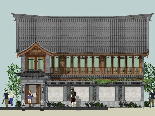 Sketchup Residential Model | Multi story Four bay Courtyard Wall, Chinese Style