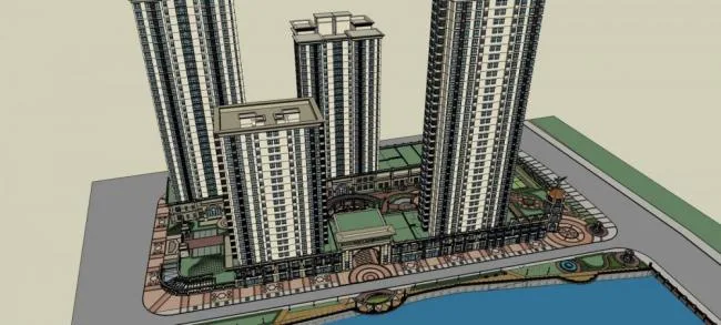 Sketchup Residential Model | High rise residential community, entrance, landscape pavilion, residential building, multi story mall, commercial podium, ground floor commercial, European style, classical style