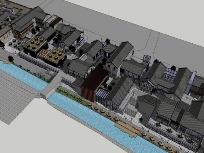 SketchUp Business Model: Multi-Story Commercial Street in Modern Chinese Style
