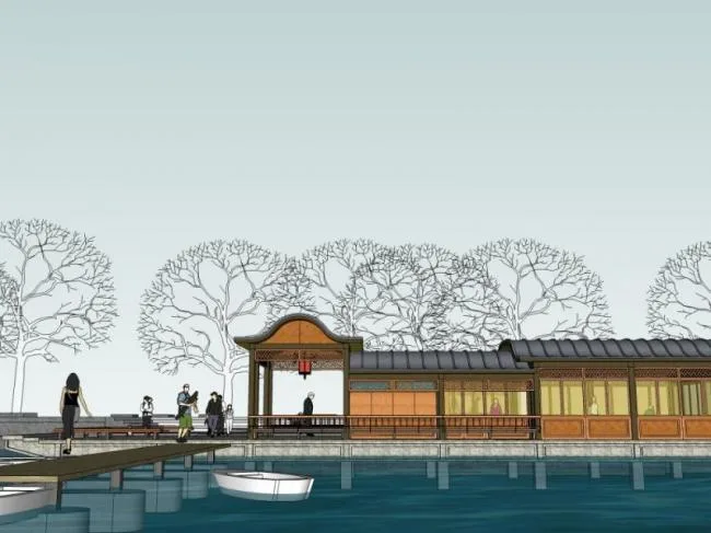 Sketchup Landscape Model | Waterfront Landscape, Teahouse, Oriental Neoclassical Style, Chinese Style
