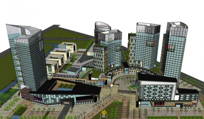 Sketchup Complex Model | Large urban commercial complex, multi story high-rise mixed use, office buildings, apartments, pedestrian streets, shopping centers, modern style