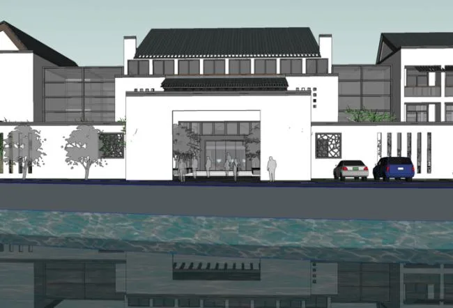 Sketchup Business Model | Sales Office, Multi story Clubhouse, Huizhou Architecture, New Chinese Style, Commercial Architecture, Waterfront Landscape