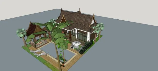 Sketchup Hotel Model | Vacation Villa, Solo Villa, Single Story, Landscape, Pavilion, Thai Style