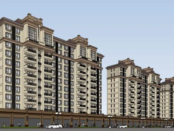 Sketchup Residential Model | High rise residential apartments, bottom commercial, classical style