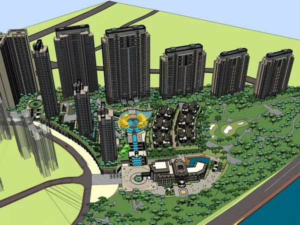 Sketchup Residential Model | High rise residential building, classical style, villa, bottom commercial, park, 28 floors
