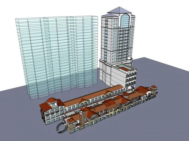 Sketchup Hotel Model | High rise Hotel and Commercial Street, Spanish Style