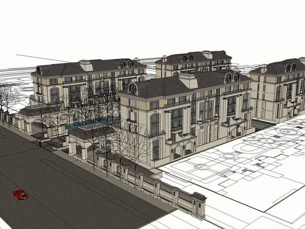 Sketchup Residential Model | Multi story Community Gate, Simplified European Classical Style
