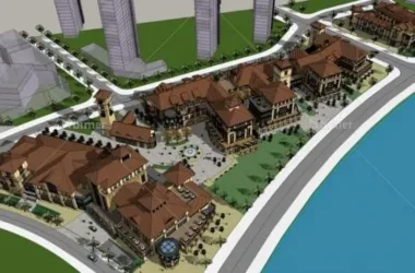 SketchUp Business Model: Multi-Story Commercial Street in Spanish and Classical Styles-BIM WORLD