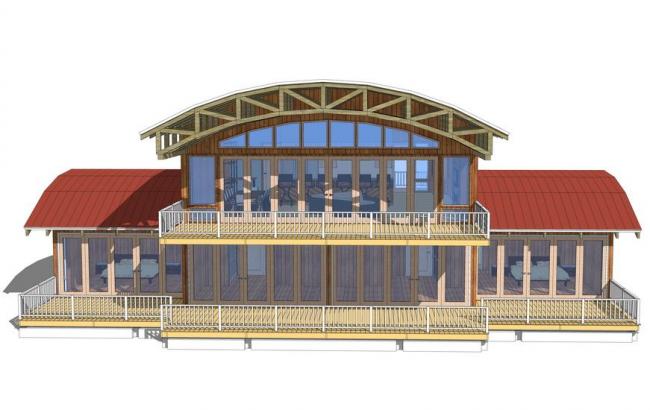 SketchUp Villa Model Featuring Wooden Structure and Arched Design