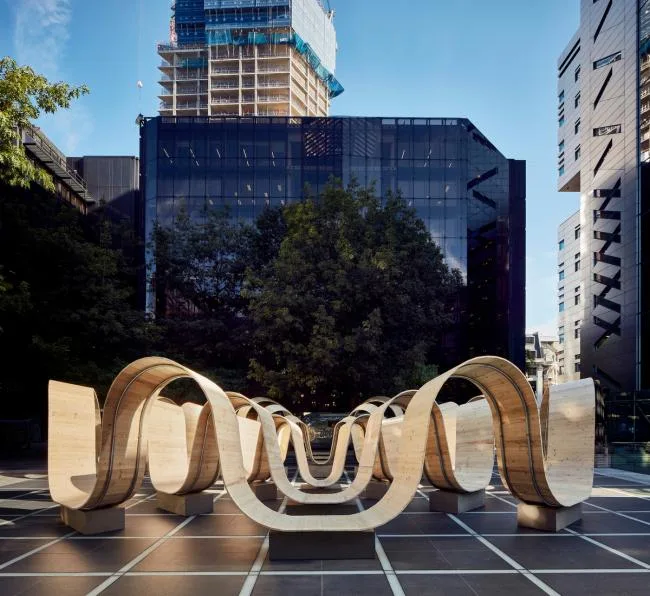 BIM Architecture | 2019 London Design Festival waveform timber assembly: 'Please sit down'/Paul Coxeter