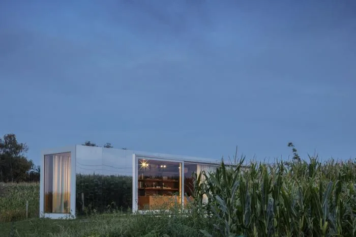 BIM Architecture | Glass Box Reflecting Green Grass and Blue Sky/TOOP