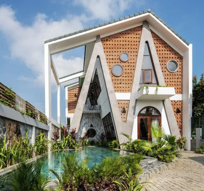 BIM Architecture | Vertically connected "A" - shaped inclined column structure, Vietnam Hoi An Kang Cheng Villa/VRA Design