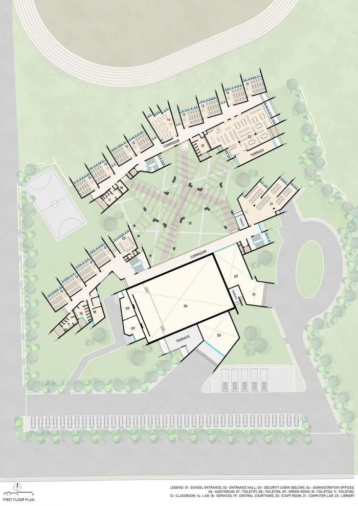 BIM Architecture | Passionate Strike from Fire Red: Campus Under the Shade of Angular Grid Beams/Sanjay Puri
