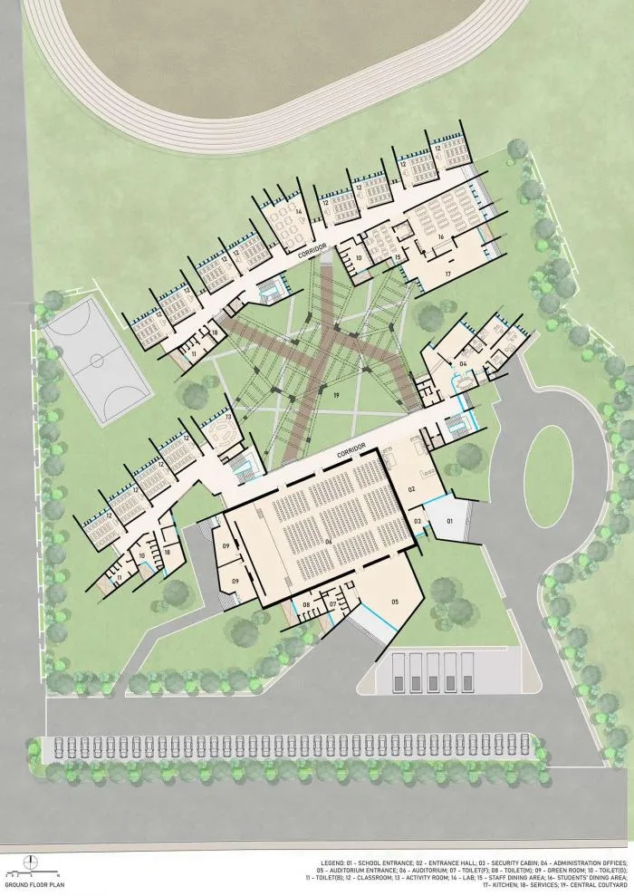 BIM Architecture | Passionate Strike from Fire Red: Campus Under the Shade of Angular Grid Beams/Sanjay Puri