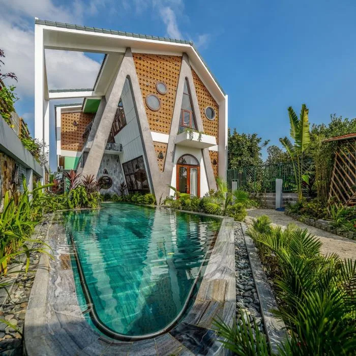 BIM Architecture | Vertically connected "A" - shaped inclined column structure, Vietnam Hoi An Kang Cheng Villa/VRA Design