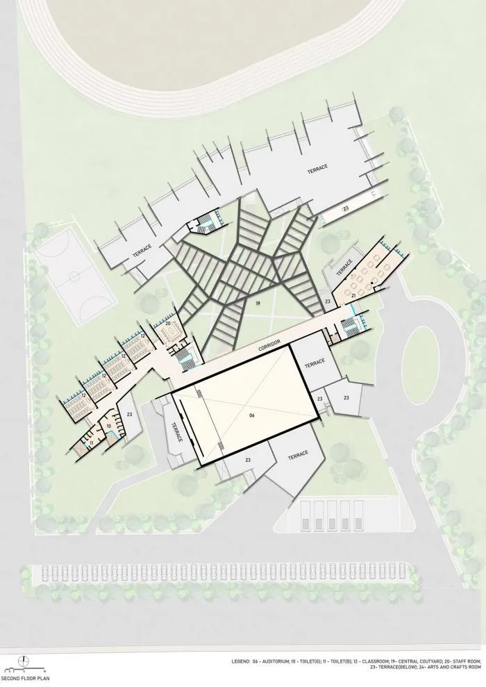 BIM Architecture | Passionate Strike from Fire Red: Campus Under the Shade of Angular Grid Beams/Sanjay Puri
