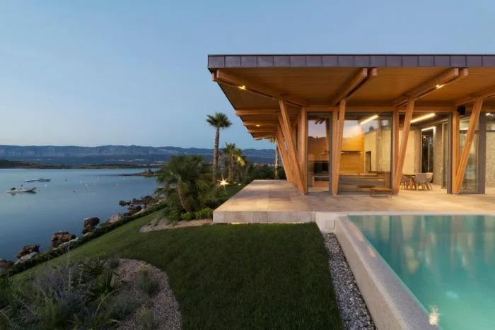 BIM Architecture | Mosaic Composition in Blue Background: Croatian Seaside Wooden House