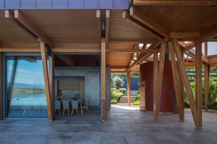 BIM Architecture | Mosaic Composition in Blue Background: Croatian Seaside Wooden House