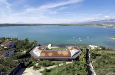 BIM Architecture: Mosaic Design of a Croatian Seaside Wooden House on a Blue Background-BIM WORLD