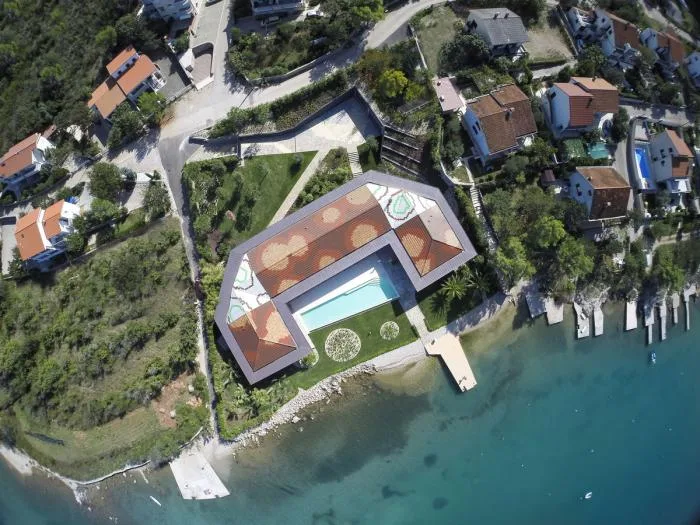 BIM Architecture | Mosaic Composition in Blue Background: Croatian Seaside Wooden House