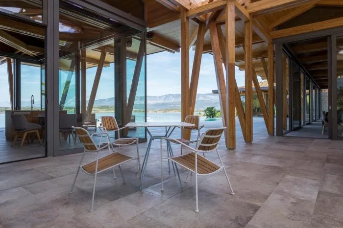 BIM Architecture | Mosaic Composition in Blue Background: Croatian Seaside Wooden House
