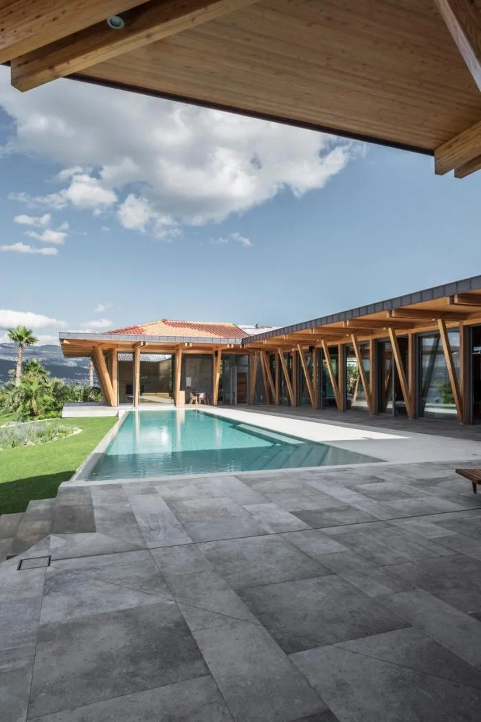 BIM Architecture | Mosaic Composition in Blue Background: Croatian Seaside Wooden House